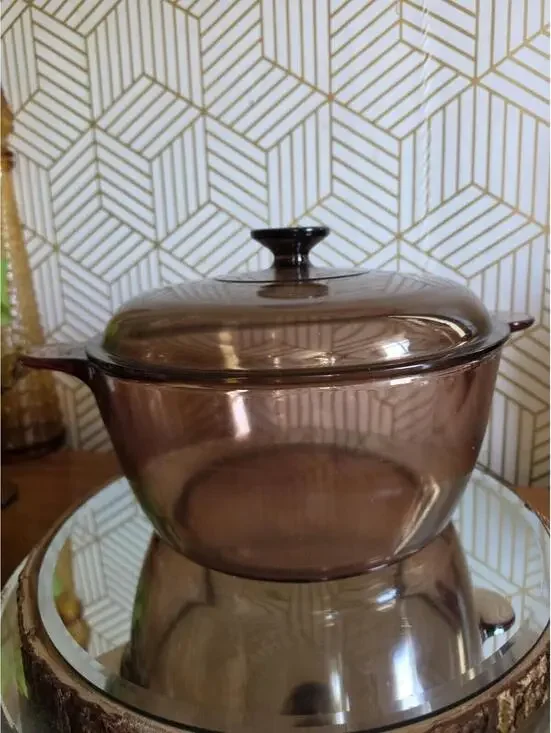 Vintage Vision Ware Brown/Amber Glass Dutch Oven 4.5L Stockpot W/ Lid