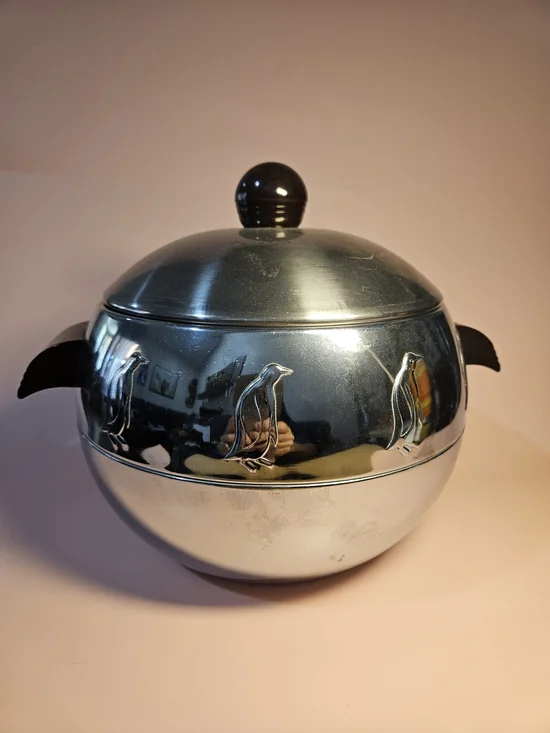 Vintage Silver Penguin-Accent Covered Serving Bowl - Silver. Bin 18