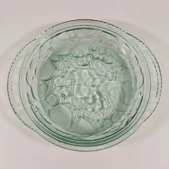 Libbey Large Round Green Glass Replacement Lid Pie Pan Orchard Fruit Pattern 3qt