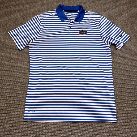 Nike Golf Mens Florida Gators Dri-FIT Striped Polo Shirt Blue White Medium
