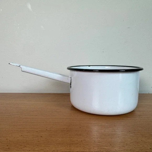 Vintage VPS White Enamelware Saucepan 18cm Black Trim Farmhouse Decor Pot