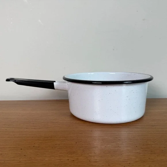 Vintage White Speckled Enamelware Saucepan Black Trim Graniteware Pot