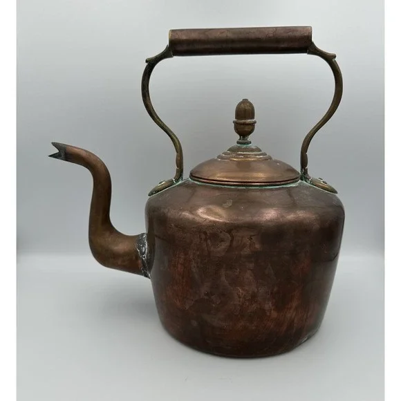 Antique English Dovetail Joint Copper‎ Fireside Kettle Goose Neck Spout