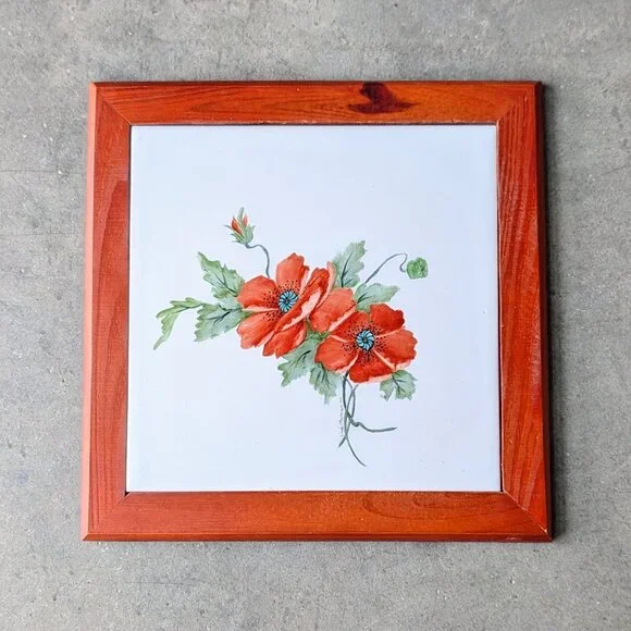 Vintage 2006 Linda Chapman Orange Floral Poppy Ceramic Wood Kitchen Trivet