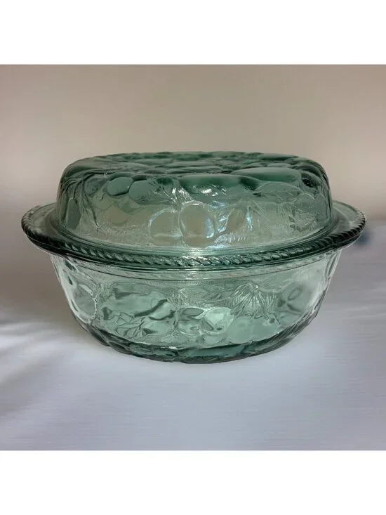 3 Qt Libbey Orchard Fruit Green Glass Casserole Baking Dish W/ Pie Plate Lid