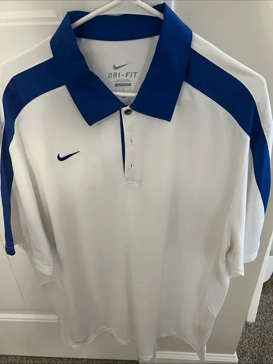 Nike White and Royal Blue Dri-FIT Polo