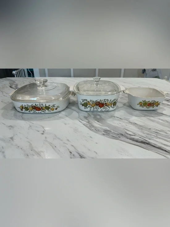 Corningware White Casserole Set with Herb & Vegetable Motif