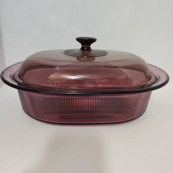 Vtg 4 Quart Cranberry Vision Corning Oval Roaster /Pyrex Lid 14.5 ×7 1/8 90's