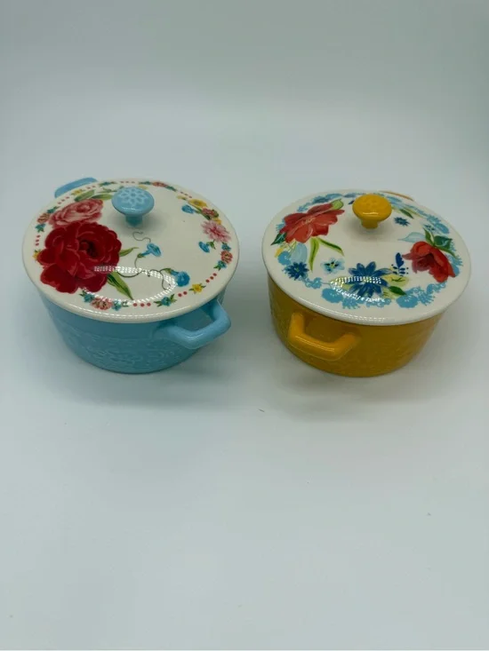 Pioneer Woman Mini Dutch Oven Set Floral Cottagecore Stoneware Pair