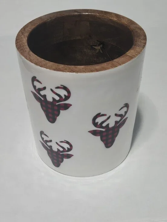 Farmhouse utensil holder, wooden red and black buffalo check deer print kitchen
