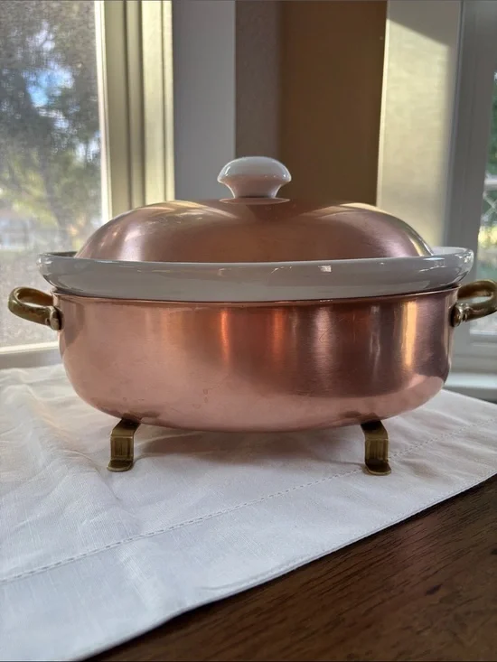 Vintage Old Dutch Copper Covered Casserole Dish. Brass Handles