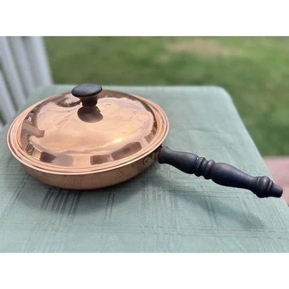 Vintage Italian 3 Piece Copper Double Boiler Chafing Pan Wood Handle Lid 9.25