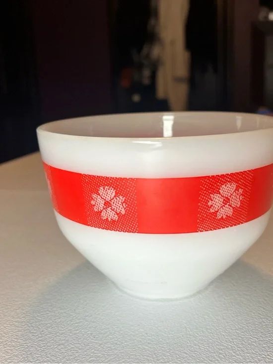 Vintage Federal Glass Milk Glass Mixing Bowl Red Floral Band Plaid