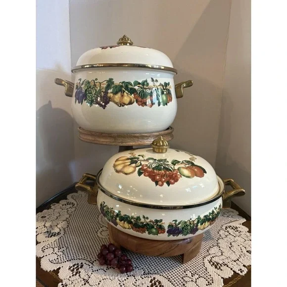 Kensington Garden Enamel and Brass Fruit Pans,5 QT Dutch Oven and 4 QT Casserole