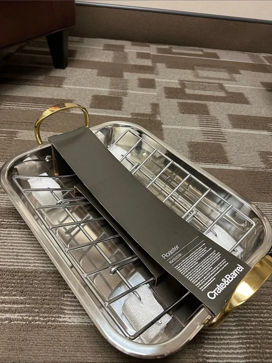 Crate&Barrel Stainless Steel Roaster with Gold Handles