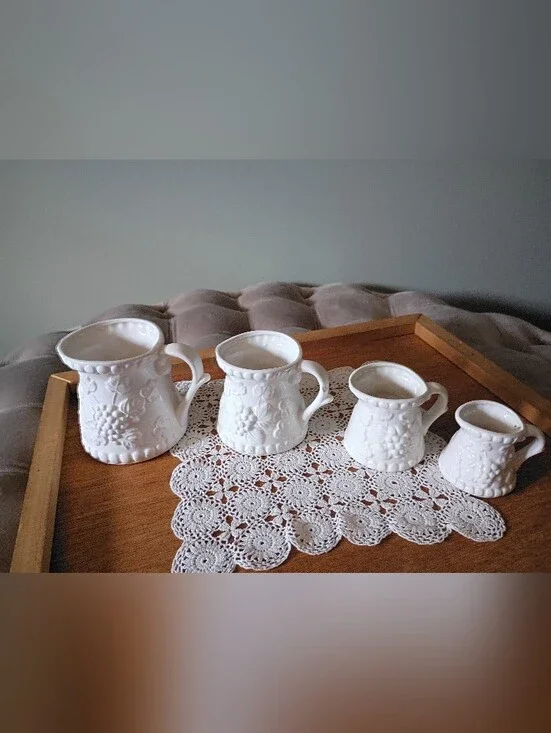 Vintage Ceramic White Pitcher Grapes Measuring Cups, White