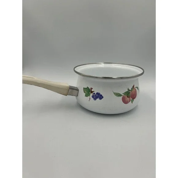 Vintage Bumper Harvest Enamel Fruit Saucepan White Pot Grapes Peaches Retro
