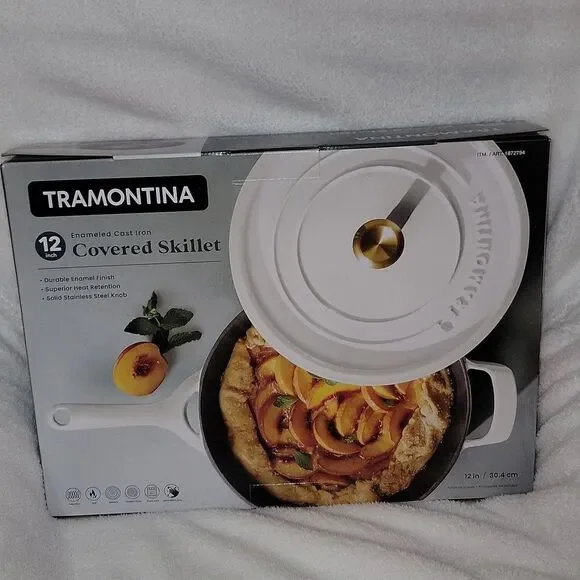 Tramontina 12 Inch Enameled Cast Iron Skillet & Covered Lid • White / Gold • New