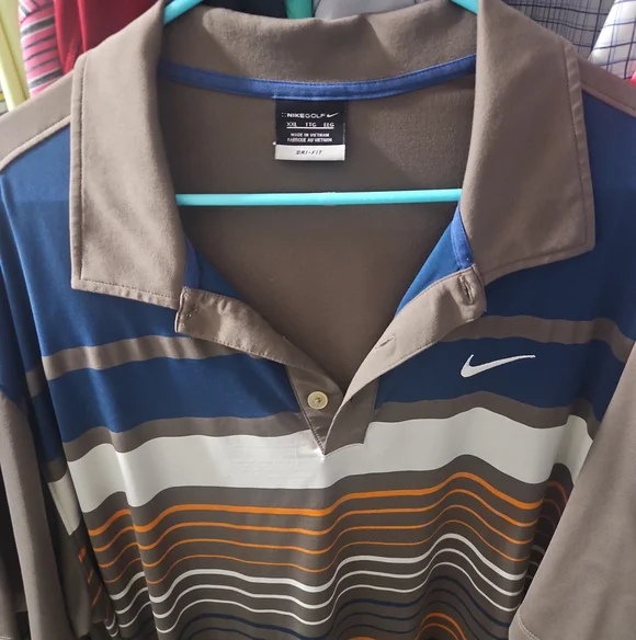 Nike Men's Blue, Brown & Orange Striped Golf Polo