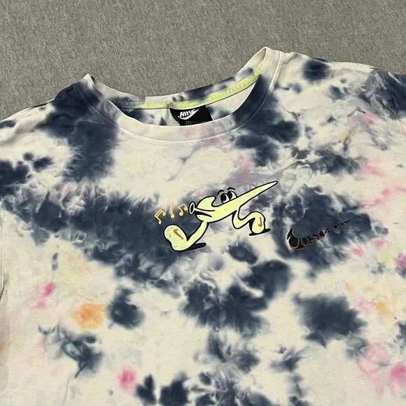 Nike Mens XL Tie Dye Graphic T-Shirt Blue Pink Yellow Just Do It Cartoon Swoosh