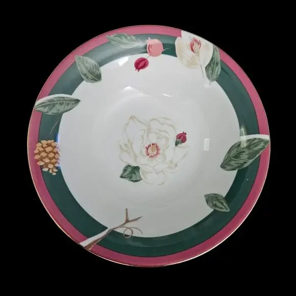 Tienshan Magnolia Round Serving Bowl Floral Pink Green Rim Fine China 9