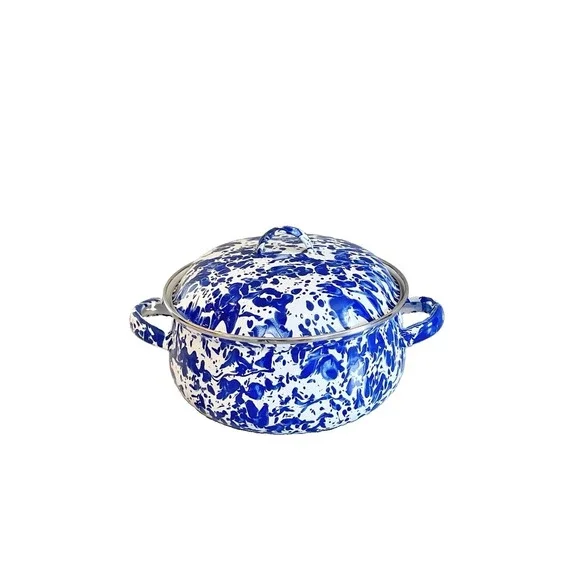 Golden Rabbit Dutch Oven Cooking Pot 2 Qt Enamelware Cobalt Blue Swirl