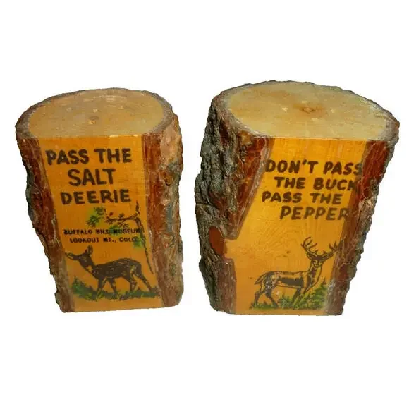 Vintage Grand Canyon Wooden Salt & Pepper Shakers Log Buck‎ Deerie Rustic Cabin