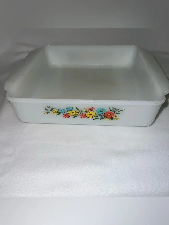 Anchor Hocking White Milk Glass Floral Casserole Dish with Multicolor Flowers
