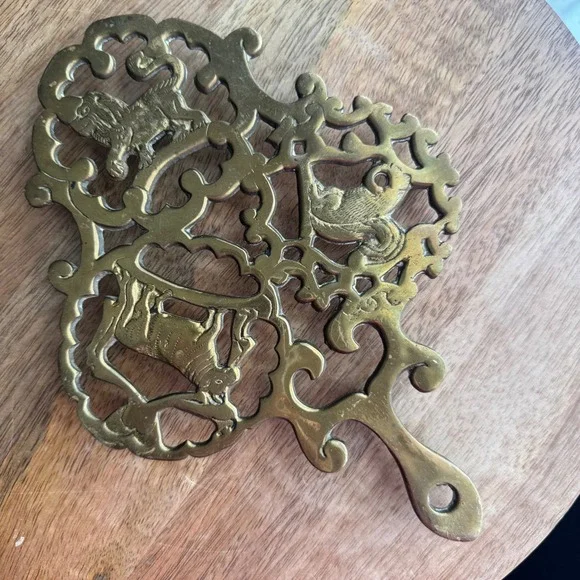 Vintage Brass Animal Trivet 9x6 Gold Lion Cow Squirrel Scrollwork Hanging