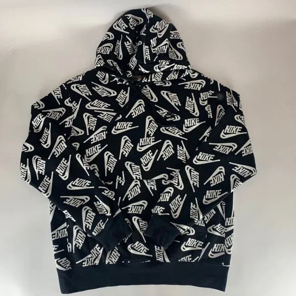 Nike Sportswear Black All Logo Pullover Hoodie Mens Medium DD4847-010
