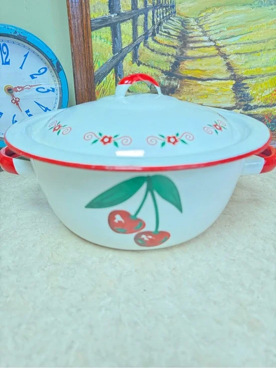 Enamel Cherry Covered Casserole Dish - Red & White
