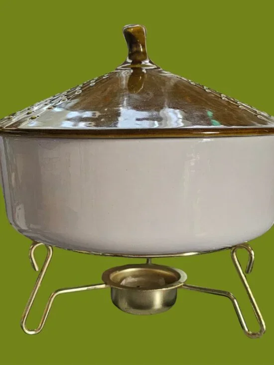 Vintage California Pottery Casserole Dish on Warming Stand