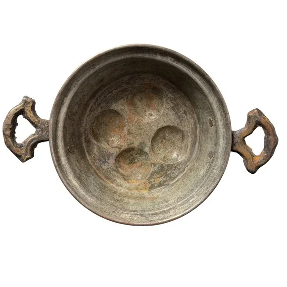 Antique Copper Escargot Poached Egg Pan 4 Well Brass Handles Rustic Cookware