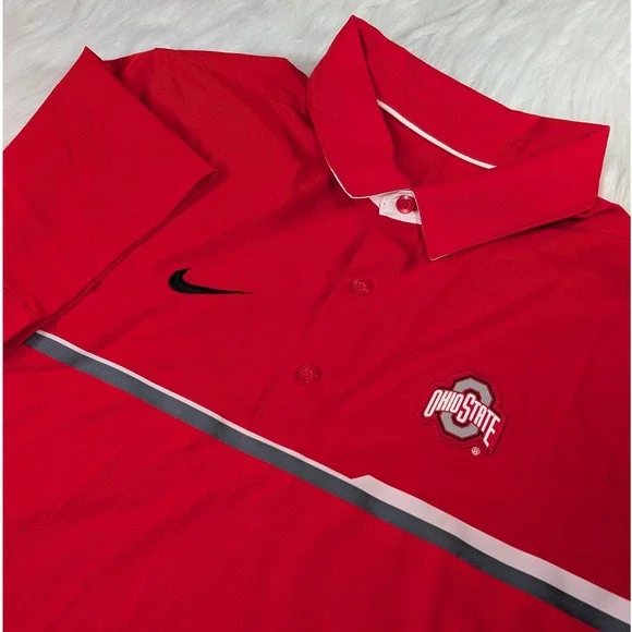 Nike Ohio State Buckeyes Polo Mens Small Red Dri-FIT Short Sleeve Striped Shirt