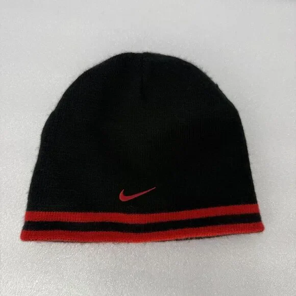 Vtg Nike Beanie Mens Black Red Reversible Thin Knit Embroidered Check Logo 2000s