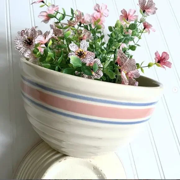 Vintage McCoy Pink Blue Stripe Beehive Nesting Stoneware Mixing Bowls Crazed PR