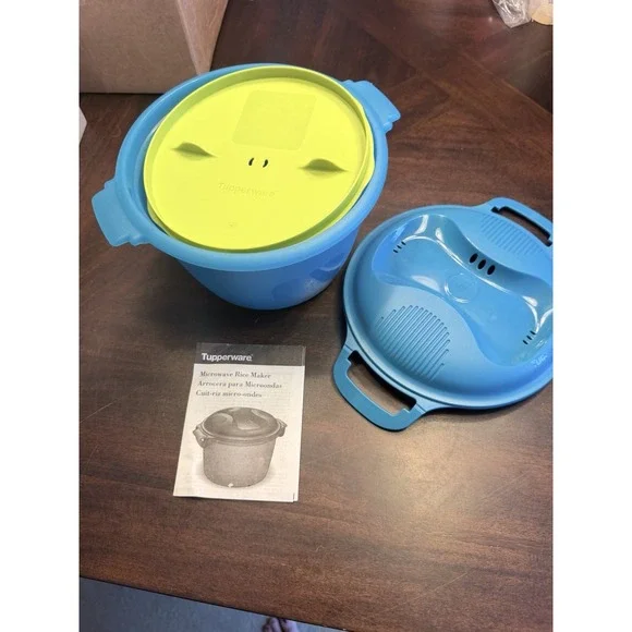 Tupperware 6451 Microwave Rice Maker Steamer Cooker 3 piece Teal  2.2 L
