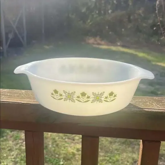 Anchor hocking Fire King USA Meadow green flowers 437 baking dish  1.5