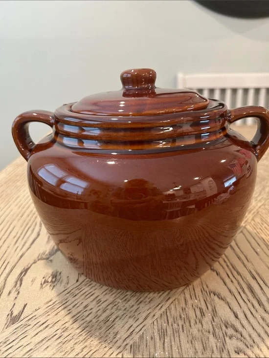 Vintage Brown Glazed Ceramic Covered bean pot