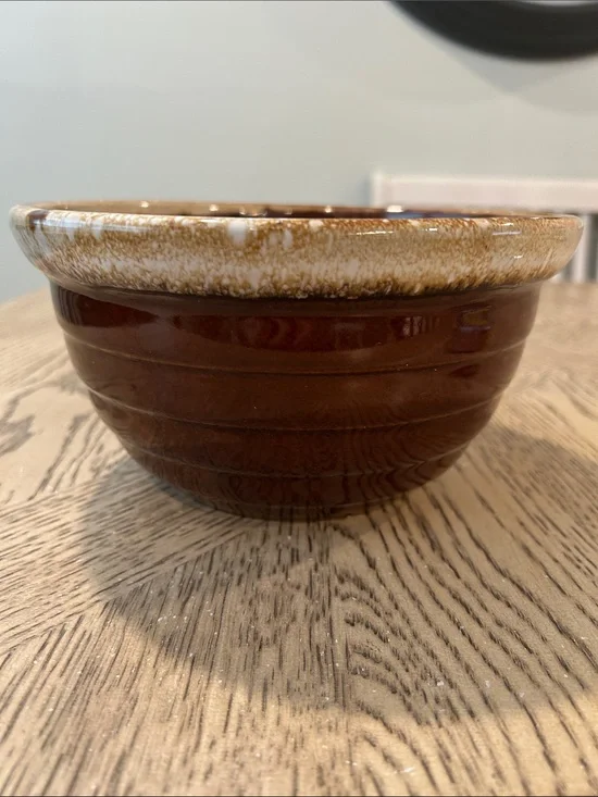 Vintage Monmouth Pottery Brown Glazed Mixing Bowl with Speckled Cream Rim