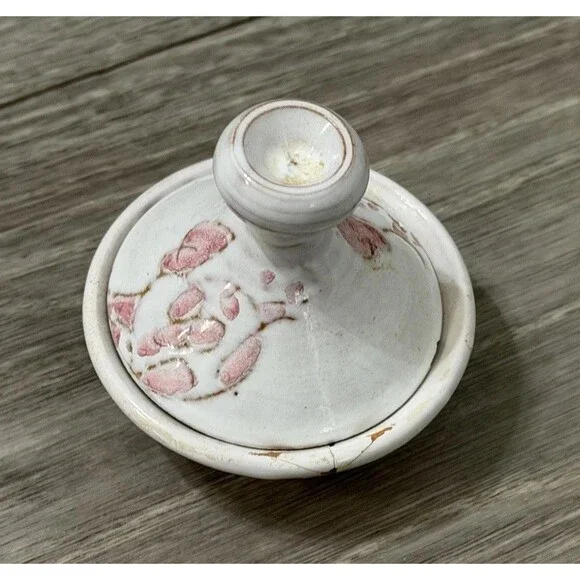 Vintage Small Clay Tagine White W/ Pink Flowers Handmade & Signed BROKEN - READ