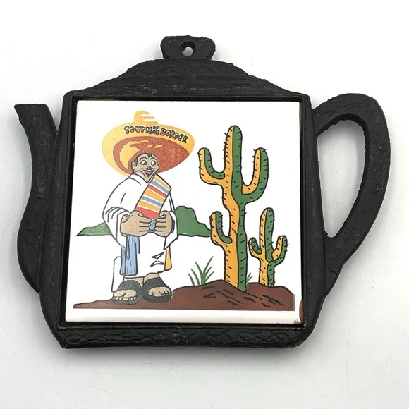 Vintage‎ 1970s Cast Iron Teapot Trivet Mexican Cactus Tile South of the Border