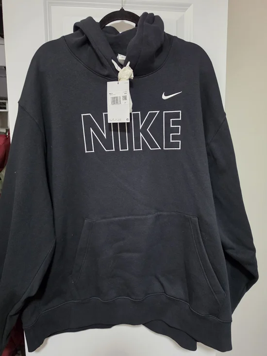 Nike Men's Black Hoodie with White Outline NIKE and Swoosh