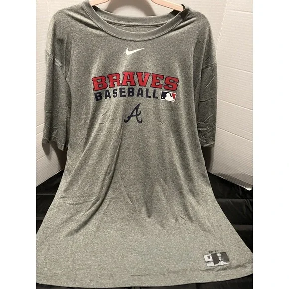 Atlanta Braves Nike Dri-Fit Grey Shirt Men Size XXL Short Sleeve Baseball Shirt