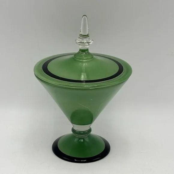 1960's Vintage Atomic MCM Black & Green Reverse Painted Compote or Candy w Lid