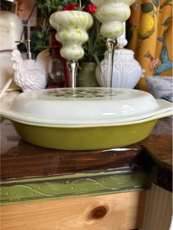 Vintage Pyrex Divided Casserole Dish with Lid, Olive Green Floral Pattern