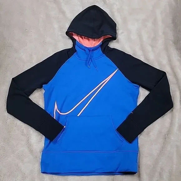 NIKE THERMA-FIT ROYAL BLUE AND BLACK HOODIE, SIZE MEDIUM