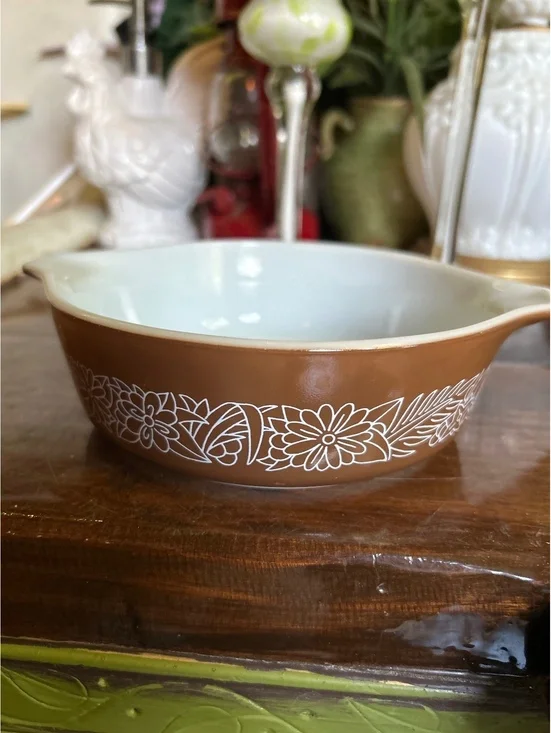 Vintage Pyrex Brown Floral 471-B Casserole Dish 1 Qt