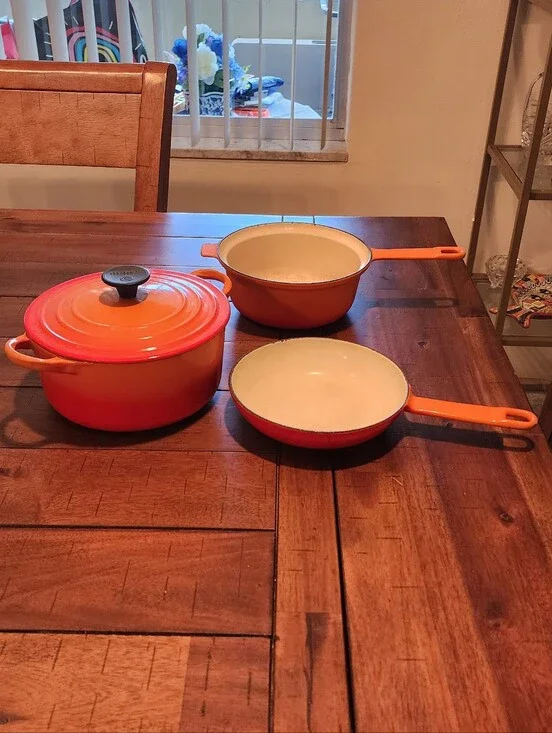 Le Creuset Enamel Cast Iron dutch oven skilet & pan beautiful burnt orange
