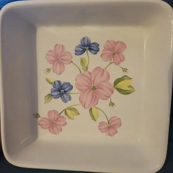 Vintage 1970s Oven Baking Dish Pink Blue Flowers Made in Japan 5.75 Square Retro